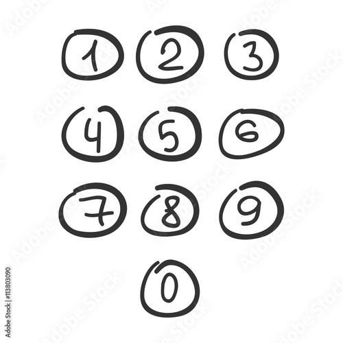 Scribble Circle Font Hand Drawn Numbers Black Isolated photo