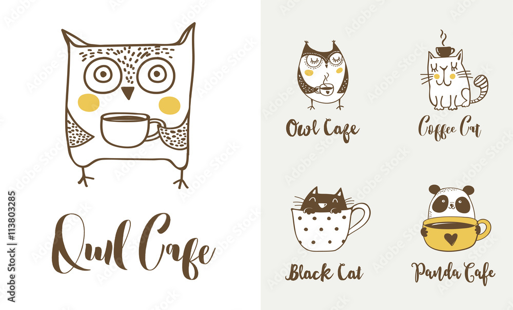 Cute owls, cat and panda drinking coffee. Hand drawn symbols, icons, illustrations