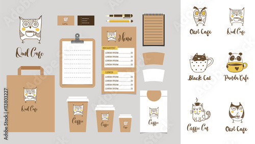 Coffee shop Branding Mock-up with owls, cats and panda icons