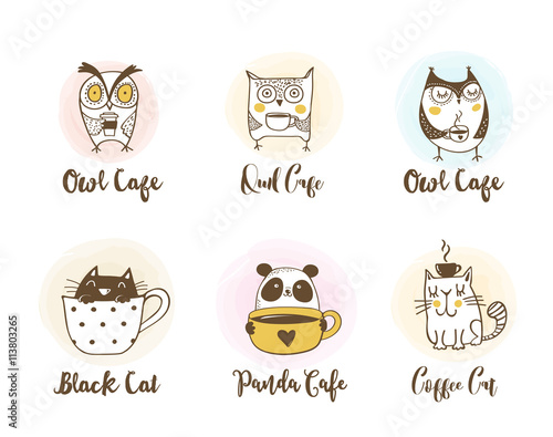 Cute owls, cat and panda drinking coffee. Hand drawn symbols, icons, illustrations