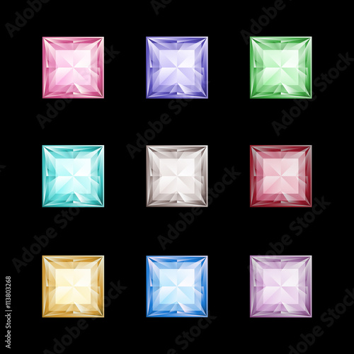 Set of colored gem stones, square diamonds on black