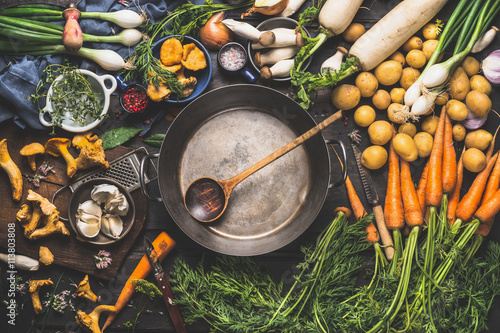 Various organic vegetables ingredients around empty aged cooking pot with wooden spoon on old kitchen table, top view photo