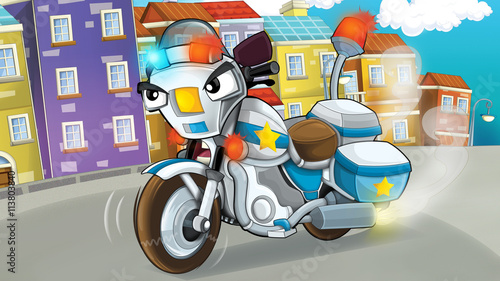 Cartoon scene of police pursuit - police motorbike - illustration for children