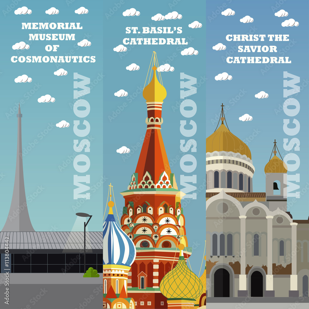 Moscow tourist landmark banners. Vector illustration with Russian famous buildings. Travel to Russia concept.