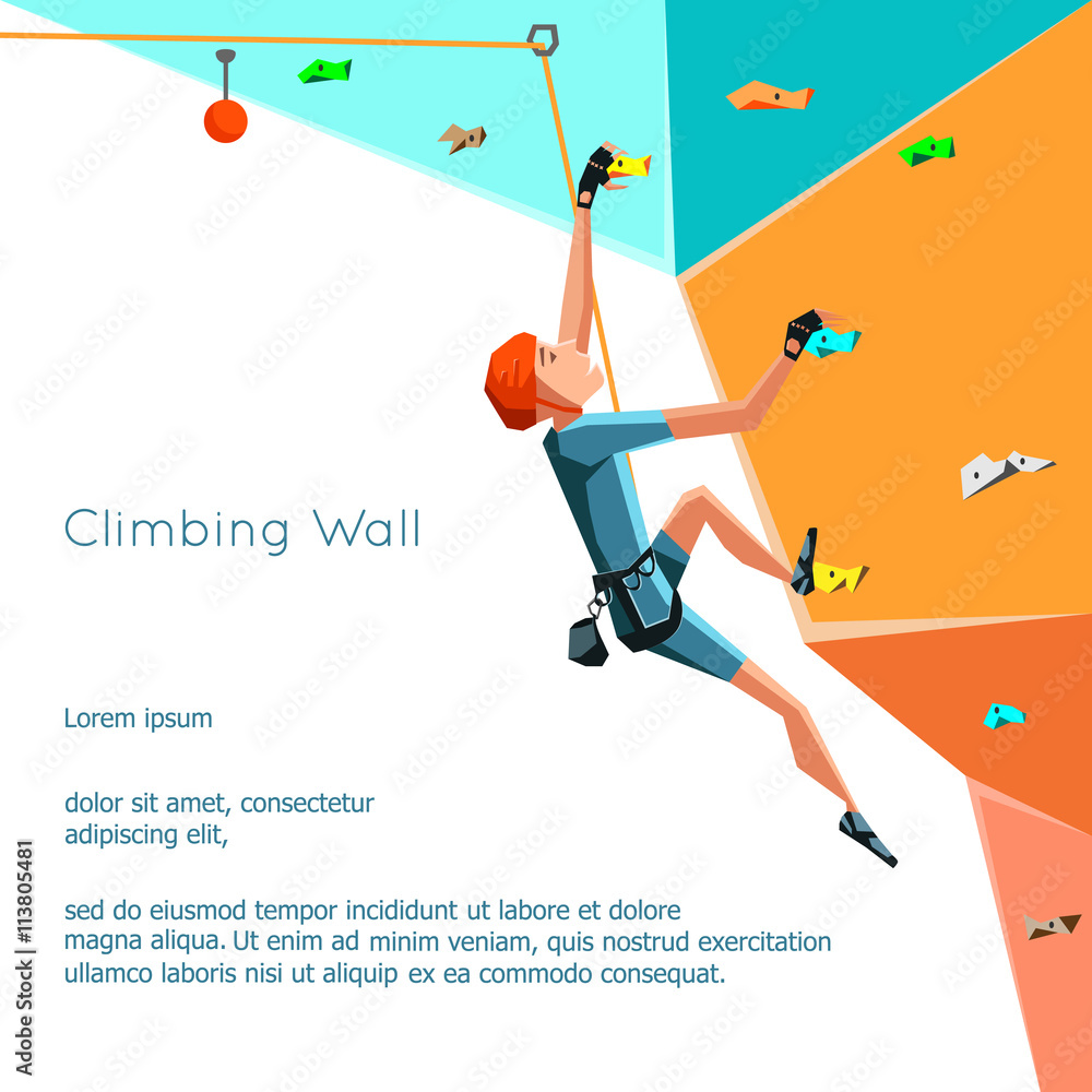 Training climbing wall with grips and holds. Rock Climbing boy. Stylized climbing wall  Isolated On White Background. Bouldering sport. Graphic Climbing Design Editable. Vector Illustration