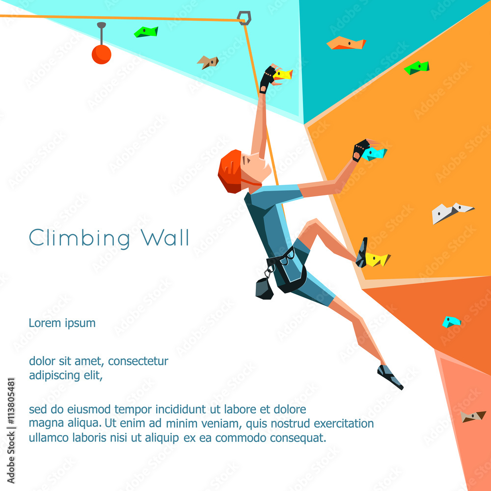 Training climbing wall with grips and holds. Rock Climbing boy