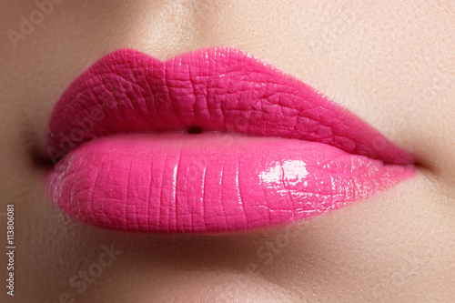Perfect smile. Beautiful full pink lips and white teeth. Pink lipstick. Gloss lips. Make-up   Cosmetics    