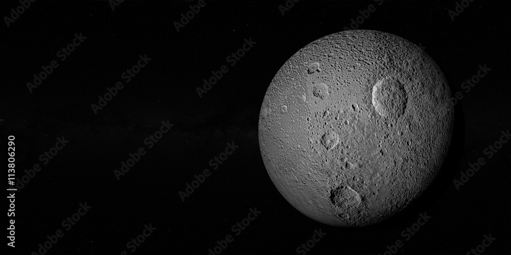 Naklejka premium Tethys or Saturn III, mid-sized moon of Saturn on space bacground mid-sized moon of Saturn.3d rendering.