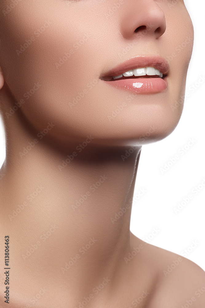 Perfect smile with white healthy teeth and natural full lips Perfect smile with white healthy teeth and natural full lips