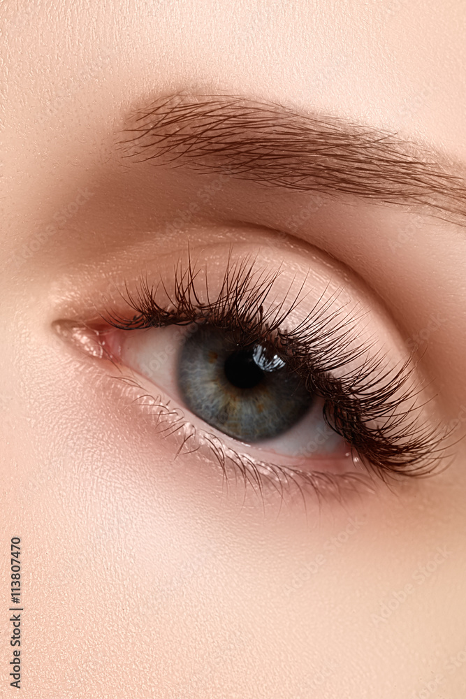 Fototapeta premium Macro shot of woman's beautiful eye with extremely long eyelashes