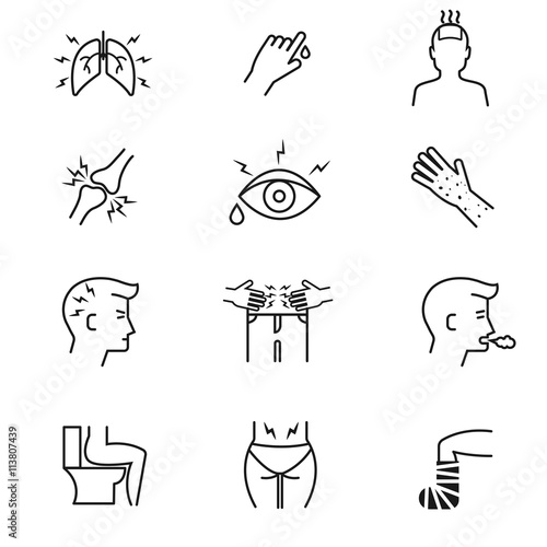 Human illness and diseases symptoms thin line vector icons set. Disease human symptom and medical symptoms illustration