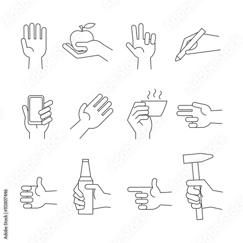 Hand icons with tools and other object. Hand hold device and set of sign hand with object. Vector illustration