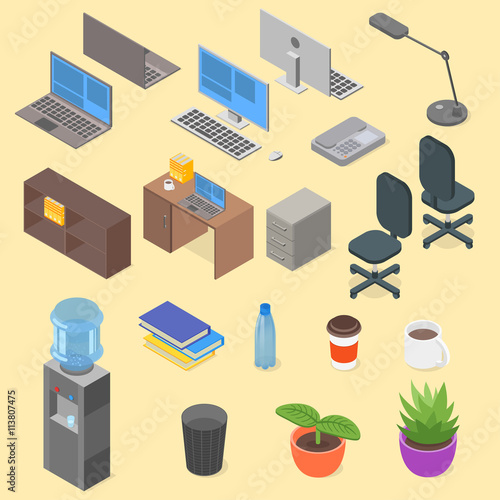 Isometric set of office object.