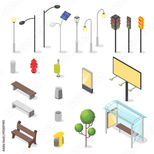 Vector set of isometric city objects.
