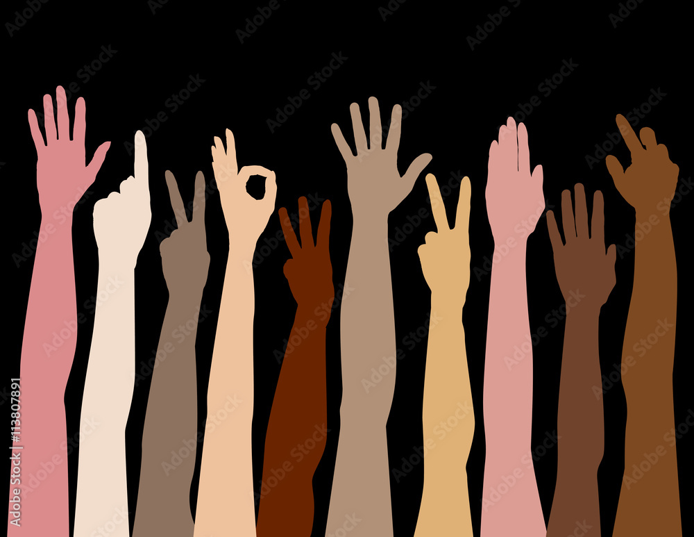 Nine hands of different color placed against a black background Nine hands of different color placed against a black background