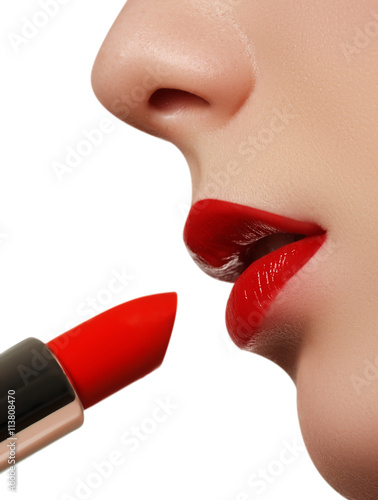 Extreme close up on model applying  red lipstick. Make-up