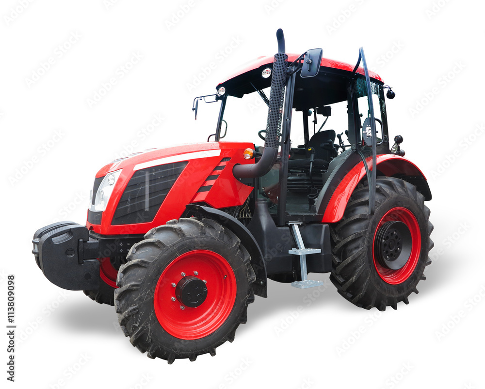 New red powerful tractor isolated over white New red powerful tractor isolated over white