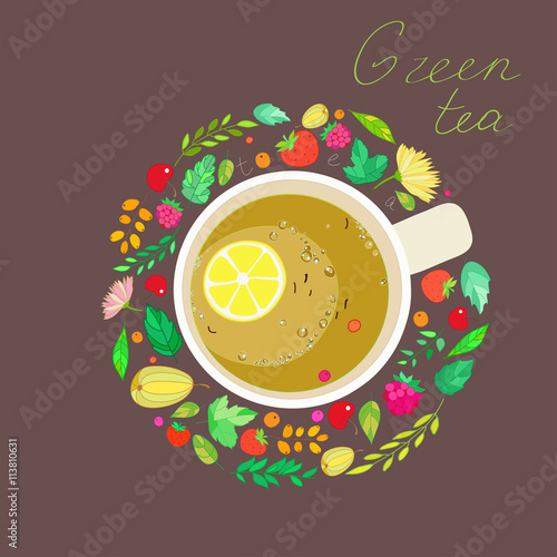 illustration with the image of cups of green tea in the frame of the berries, leaves and branches