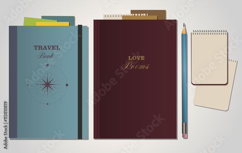 Book travel, book poems, notebook and pencil