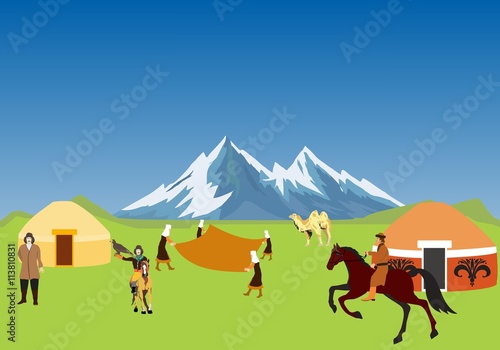 Kazakh aul, nomads dwelling, life in village of nomads kazakhs, Kazakhstan.