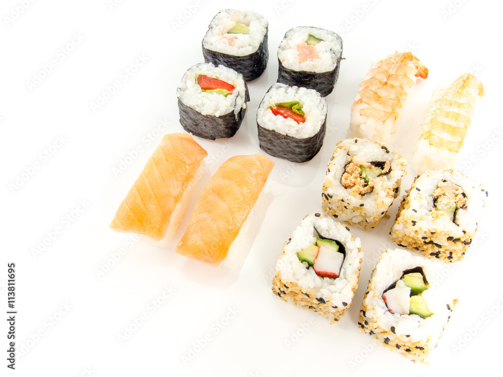 assorted delicious japanese traditional sushi over white assorted delicious japanese traditional sushi over white