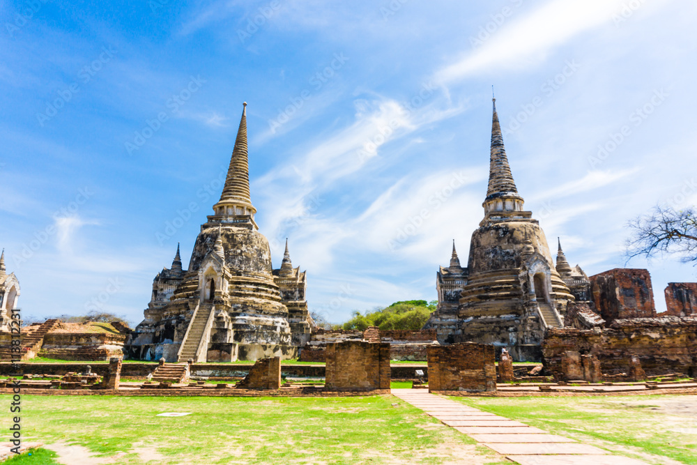 Ayutthaya Historical Park stupa under blue sky