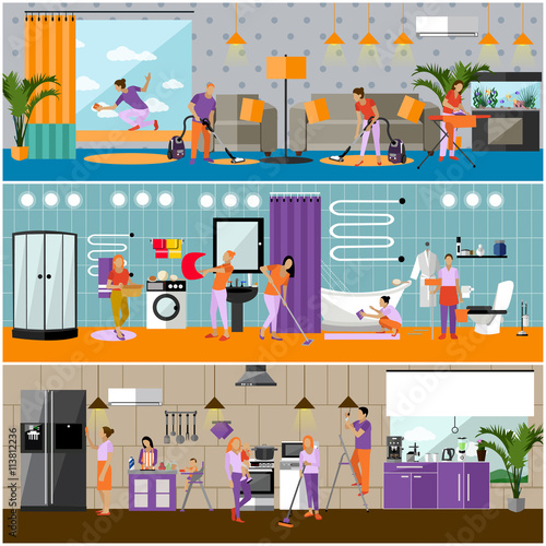 Vector set of cleaning service concept banners. Apartment interior. Housekeeping company team at work.