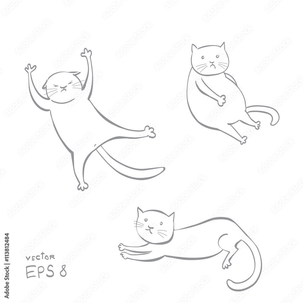 Fototapeta premium Set Three cats sitting, lying, flying