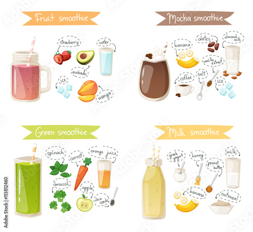 smoothie drink recipe vector set.