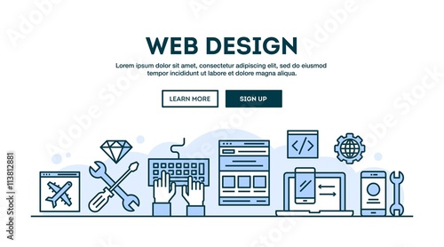 Web design, concept header, flat design thin line style