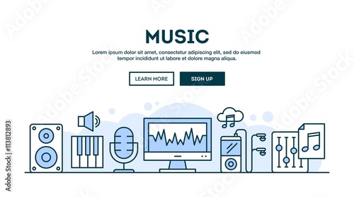 Music production, concept header, flat design thin line style