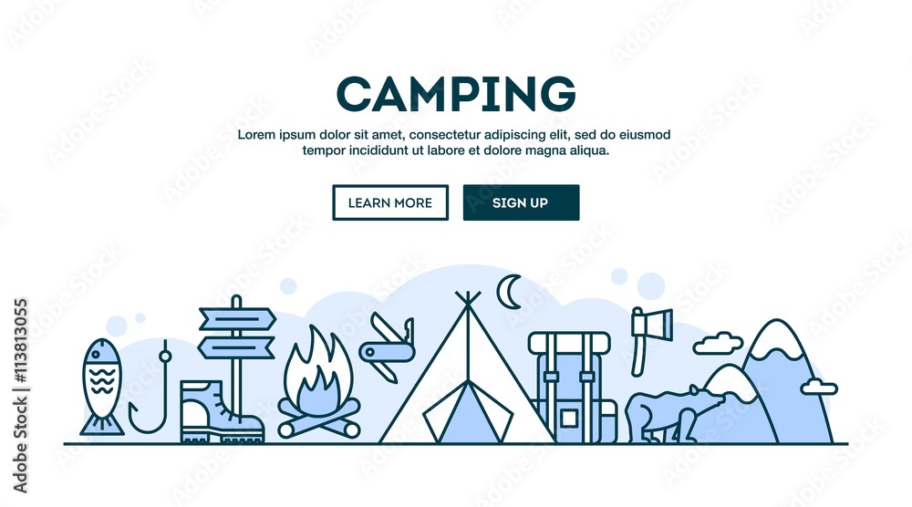 Camping, concept header, flat design thin line style