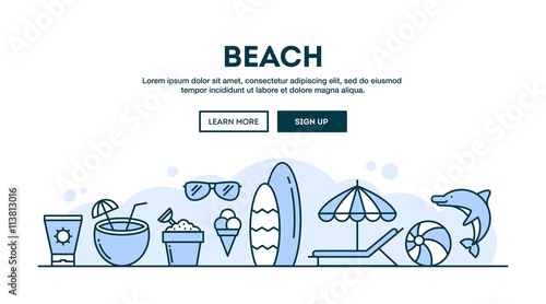 Beach, summer vacation, concept header, flat design thin line style