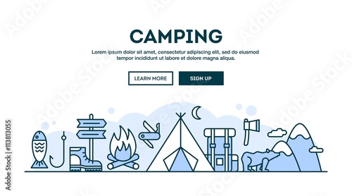 Camping, concept header, flat design thin line style
