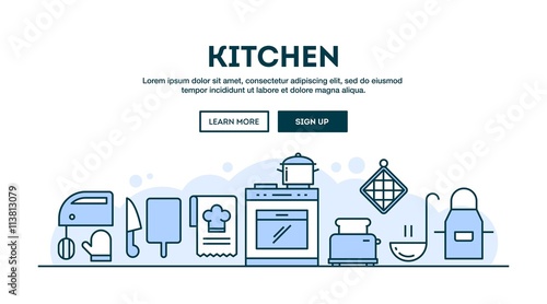 Kitchen, concept header, flat design thin line style