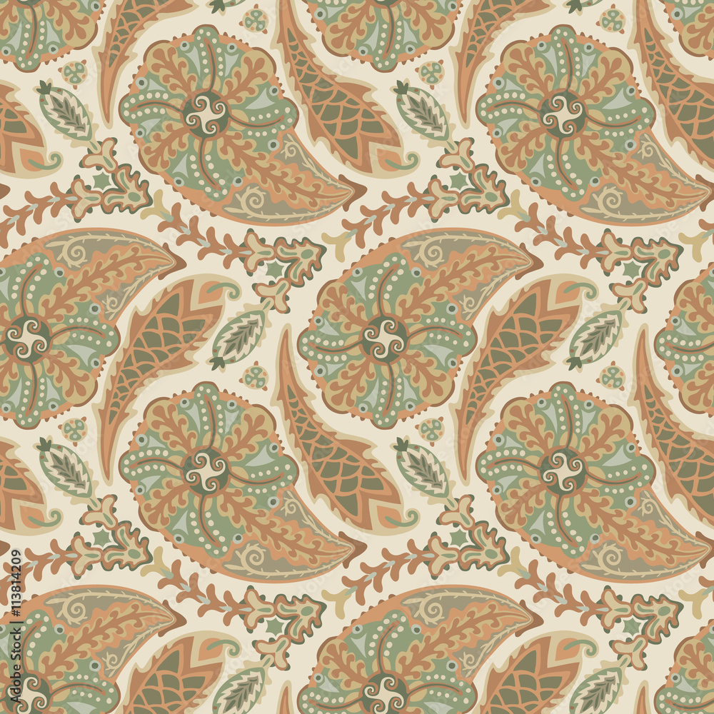 Paisley Pattern.
Hand drawn seamlessly repeating ornamental wallpaper or textile pattern with Paisley motives in vector format.