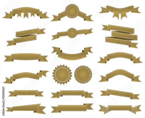 Embroidered bronze ribbons and stumps pack isolated on white. Can be used for banner, award, sale, icon, logo, label etc. Vector illustration