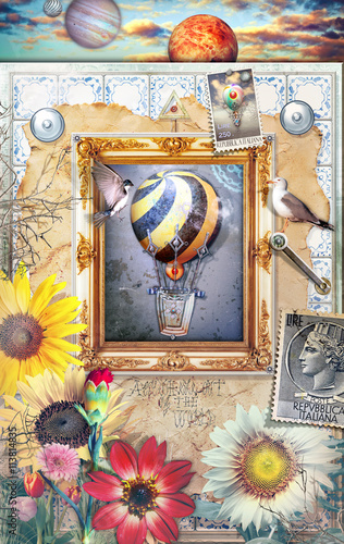 Magic mirror with hot air balloons,flowers of spring and old sta