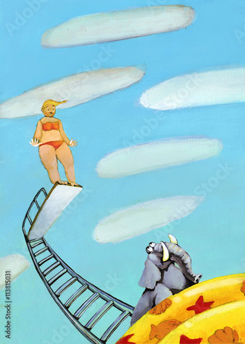 girl wants to dive but in the pool there is an elephant, humorous illustration surreal situation humor image