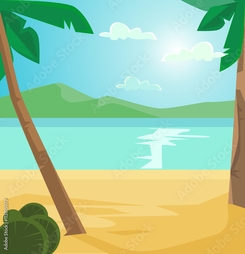 Tropical wild empty beach. Vector flat cartoon illustration
