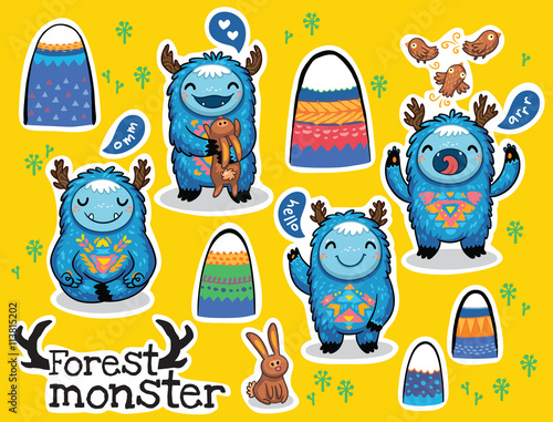Vector cartoon funny monsters stickers collection