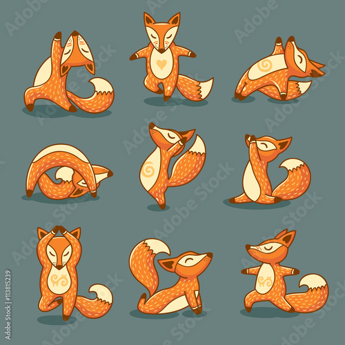 Set of cartoon funny red foxes doing yoga position