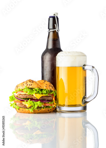 Burger with Bottle and Mug of Cold Beer on White