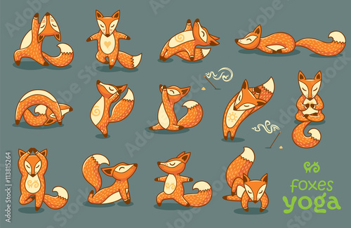 Set of cartoon funny foxes doing yoga position