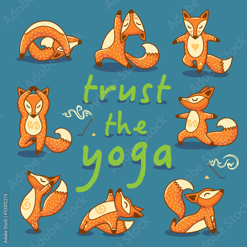 Cartoon foxes doing yoga poses card
