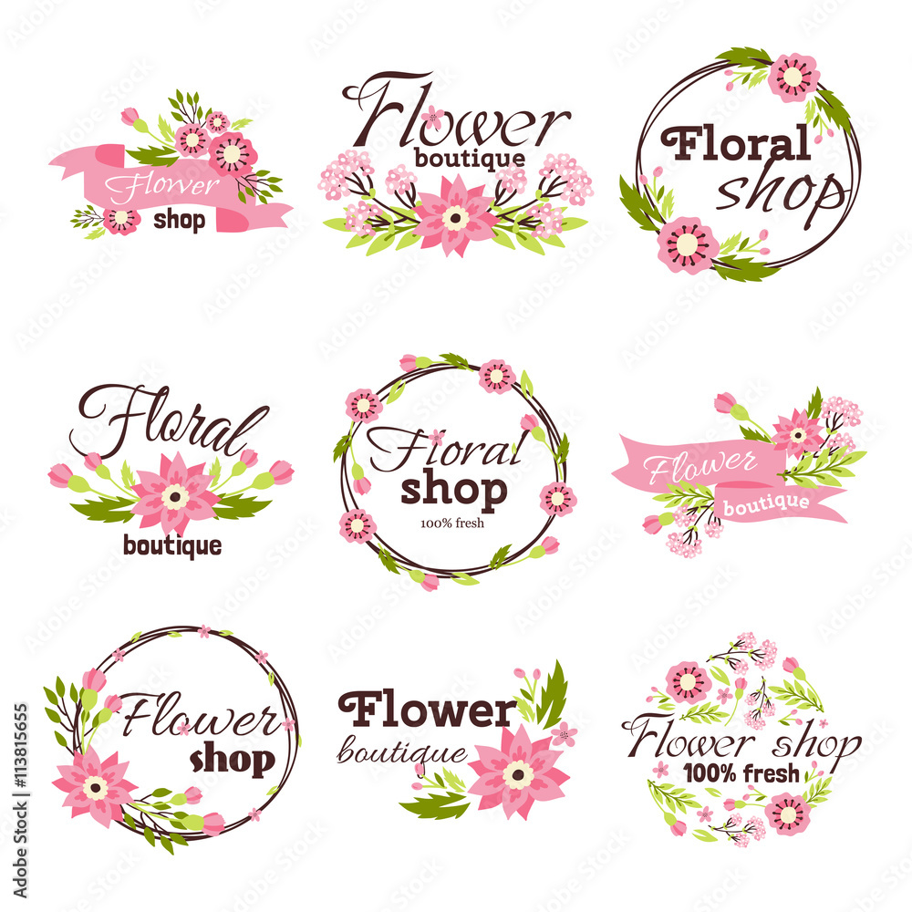 Naklejka premium Bright sign flower shop vector illustration.