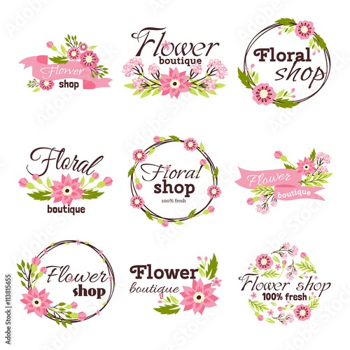 Bright sign flower shop vector illustration.