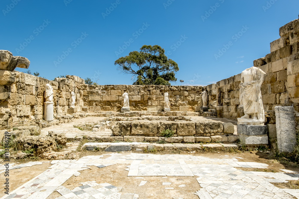 Ruins and antique statues in the ancient city of Salamis in Fama