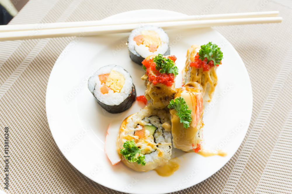 Japanese sushi with salmon cream cheese Japanese omelette Japanese sushi with salmon cream cheese Japanese omelette