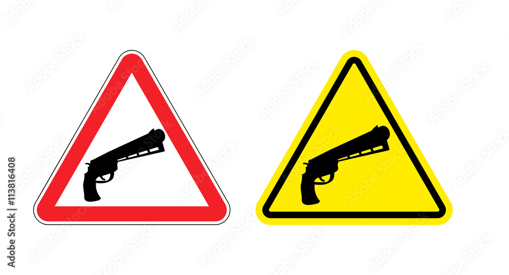 Warning sign of attention weapon. Dangers yellow sign gun. Magnu Warning sign of attention weapon. Dangers yellow sign gun. Magnu